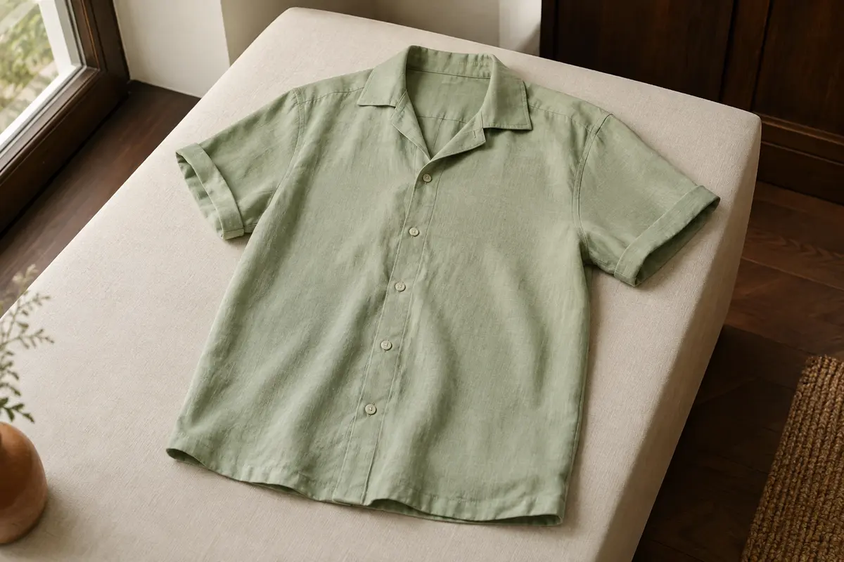 Chemise homme unie vert clair à manches courtes, présentée à plat dans un intérieur sobre