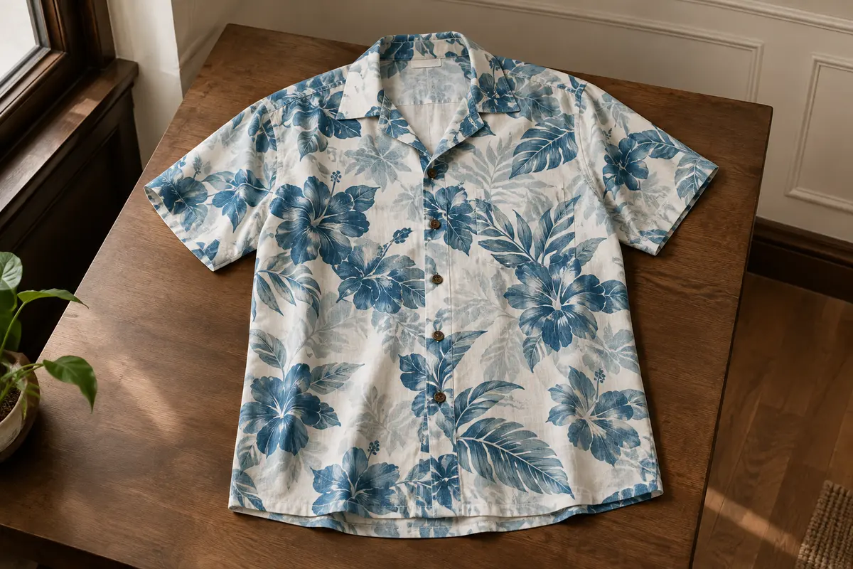 Chemise hawaïenne bleue à fleurs, à manches courtes et fermeture boutonnée, présentée à plat.