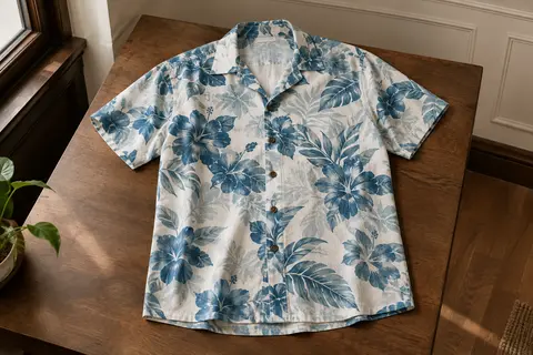 Chemise hawaïenne bleue à fleurs, à manches courtes et fermeture boutonnée, présentée à plat.