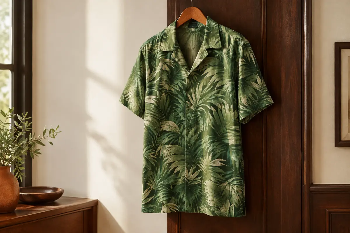Chemise hawaïenne verte à feuilles de palmier et manches courtes, présentée sur cintre dans un intérieur sobre.