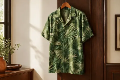 Chemise hawaïenne verte à feuilles de palmier et manches courtes, présentée sur cintre dans un intérieur sobre.