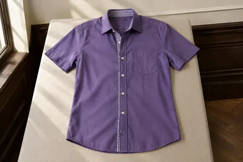 Chemise violette pour homme à manches courtes, avec poche poitrine et détails à carreaux au col