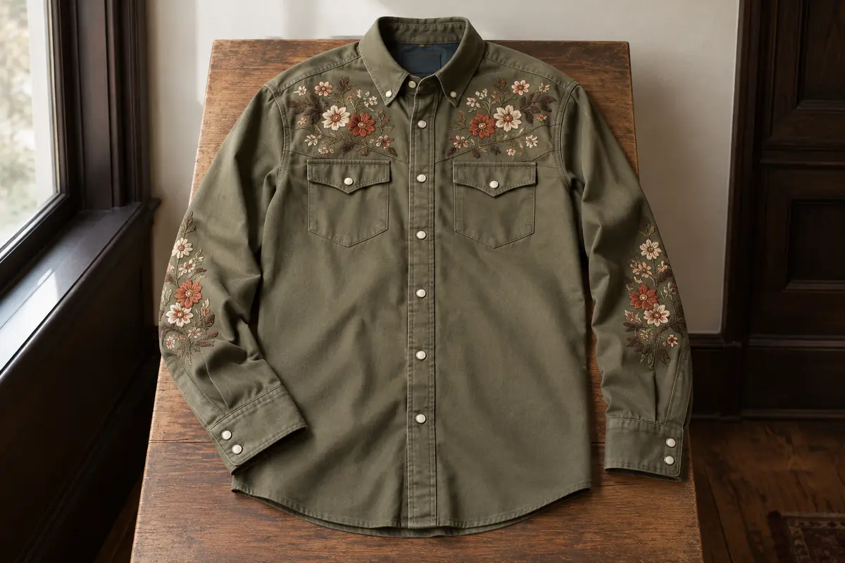 Chemise western kaki pour homme à manches longues, avec col boutonné et broderie florale