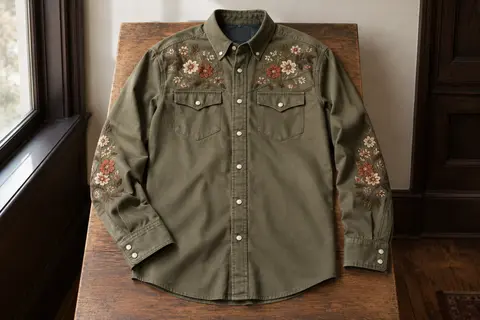 Chemise western kaki pour homme à manches longues, avec col boutonné et broderie florale
