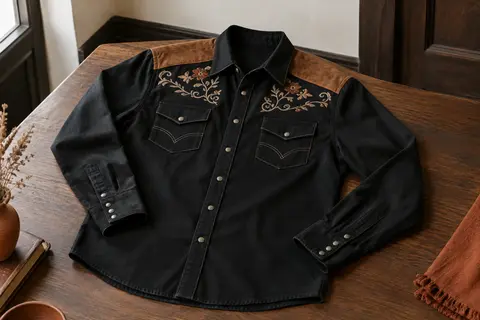 Chemise western pour homme en coton noir, avec broderies contrastées, poche poitrine et manches longues.