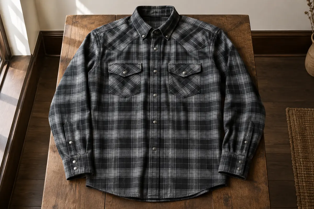 Chemise western à carreaux gris et noirs présentée à plat, avec deux poches poitrine et boutons-pression.