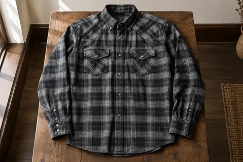 Chemise western à carreaux gris et noirs présentée à plat, avec deux poches poitrine et boutons-pression.