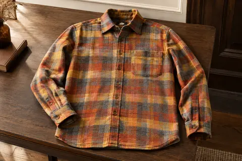 Chemise homme en flanelle épaisse à carreaux orange, jaune et gris, avec poche poitrine et manches longues