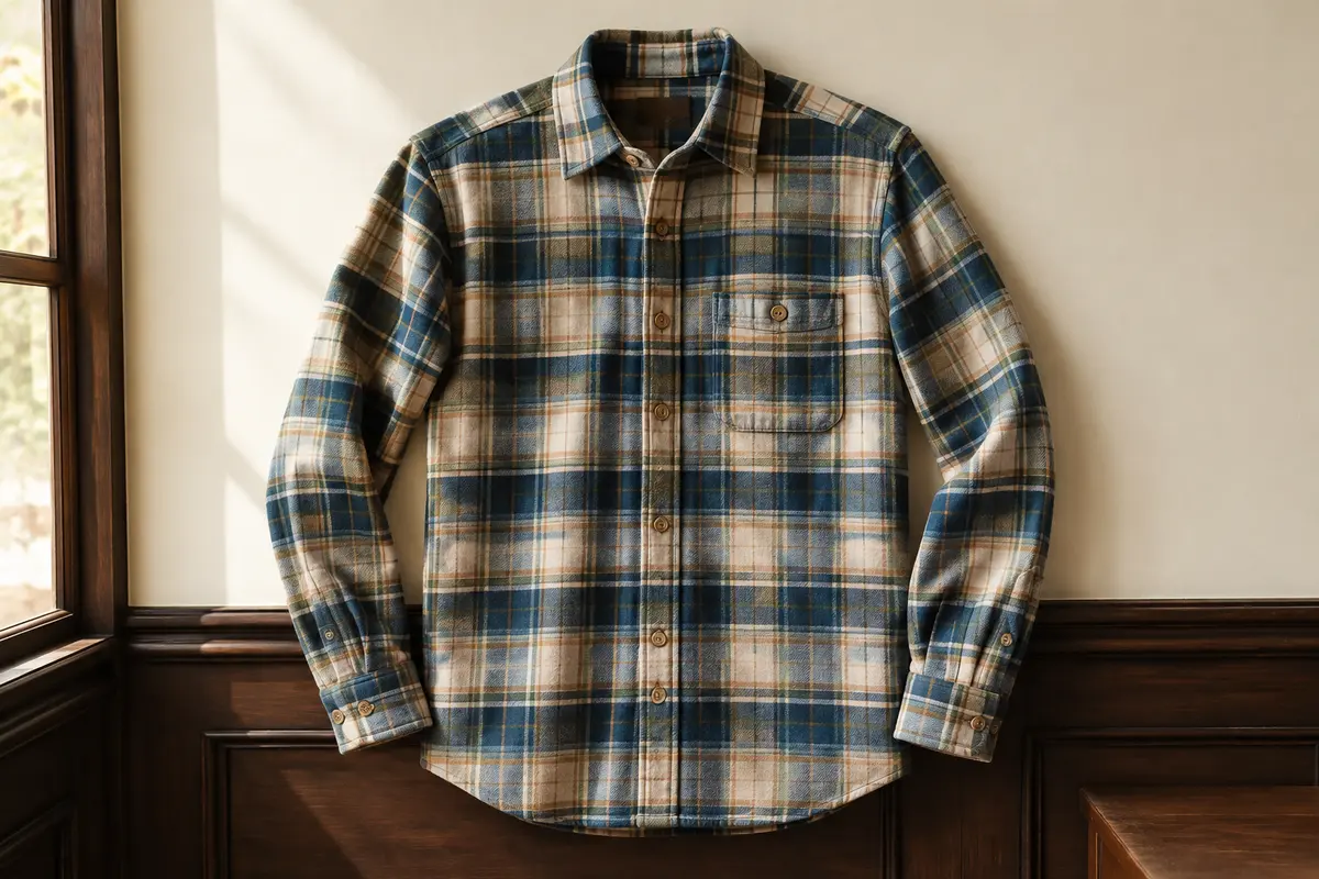 Chemise homme en flanelle à carreaux beige, bleu et vert, présentée à plat avec sa poche poitrine boutonnée