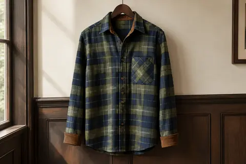 Chemise homme en flanelle à carreaux vert olive et bleu foncé, avec poche poitrine et finitions côtelées.