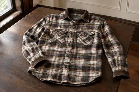 Chemise homme en flanelle à carreaux crème, bruns et gris, avec poches poitrine et poignets côtelés