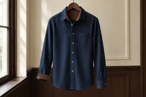 Chemise homme en flanelle bleu marine à manches longues, avec poche poitrine et détails côtelés bruns.
