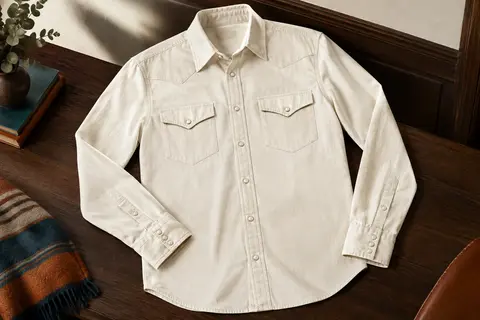 Chemise western ivoire à manches longues avec col pointu, deux poches poitrine et boutons-pression perlés
