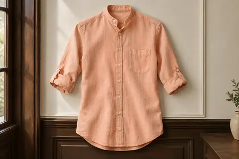 Chemise pour homme en coton et lin, à col montant boutonné, poche et manches longues retroussables