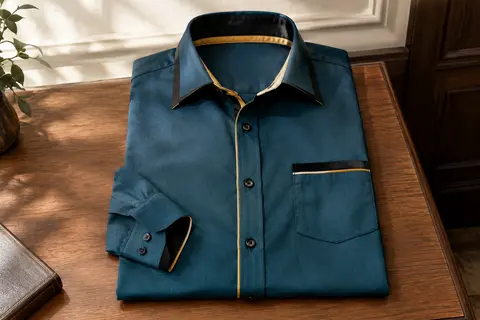 Chemise homme noire à détails contrastés dorés, manches longues, coupe regular et poche poitrine.
