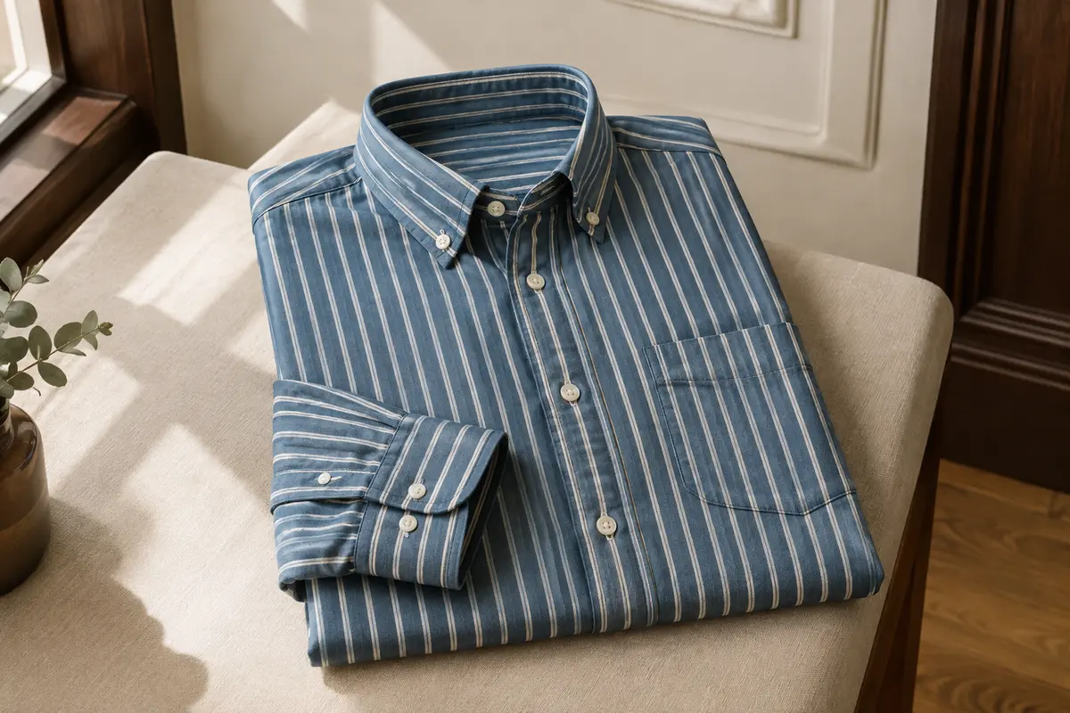 Chemise homme en coton bleu à rayures, manches longues, col boutonné et poche poitrine.