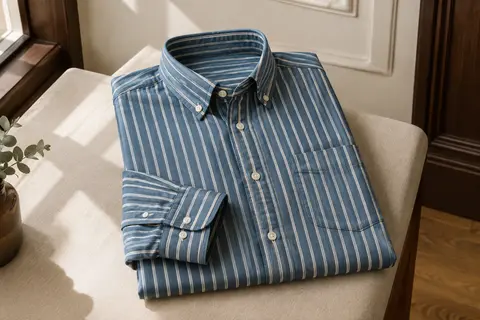 Chemise homme en coton bleu à rayures, manches longues, col boutonné et poche poitrine.