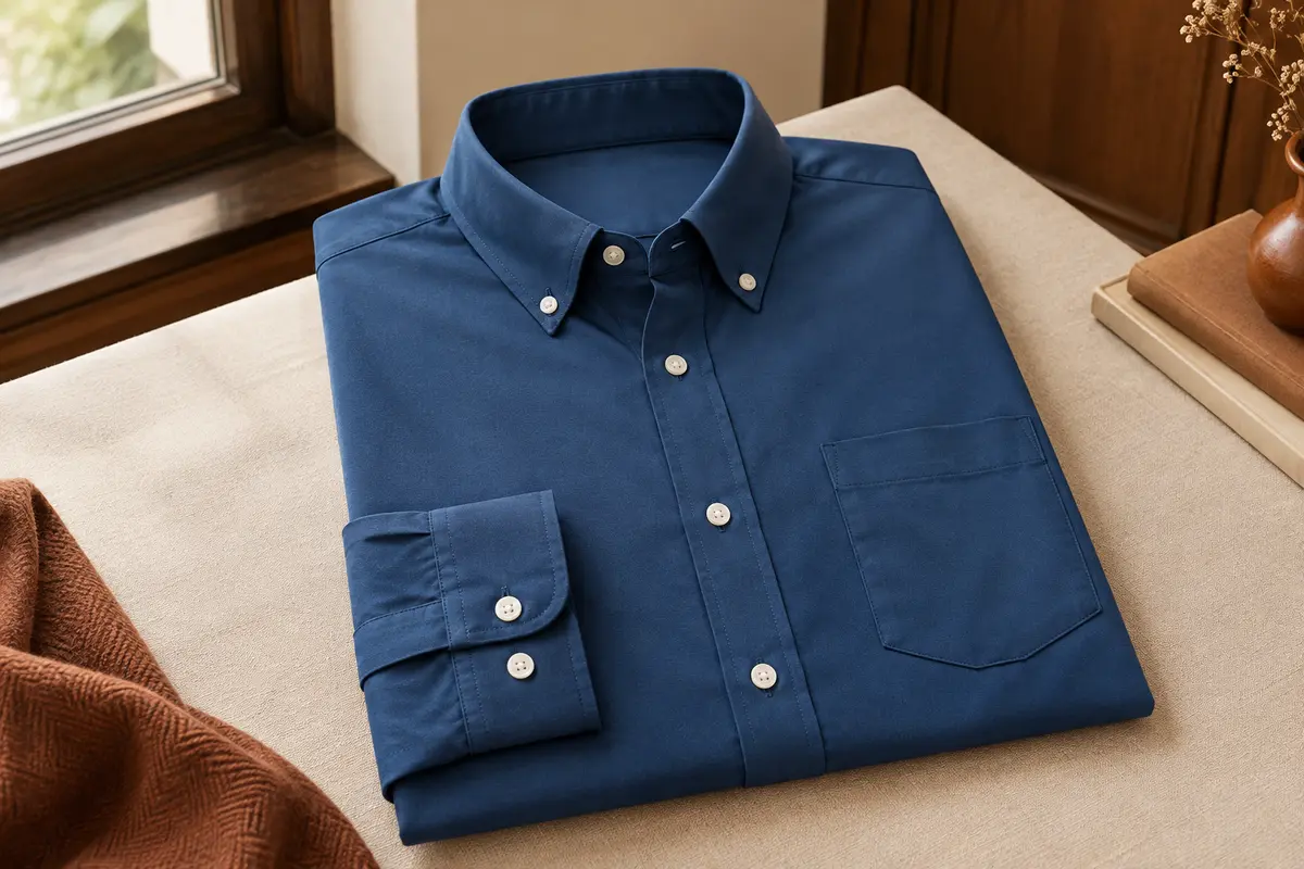 Chemise homme bleue à manches longues, coupe classique, poche poitrine et col boutonné présentés à plat