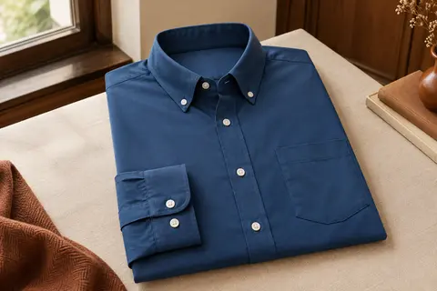 Chemise homme bleue à manches longues, coupe classique, poche poitrine et col boutonné présentés à plat