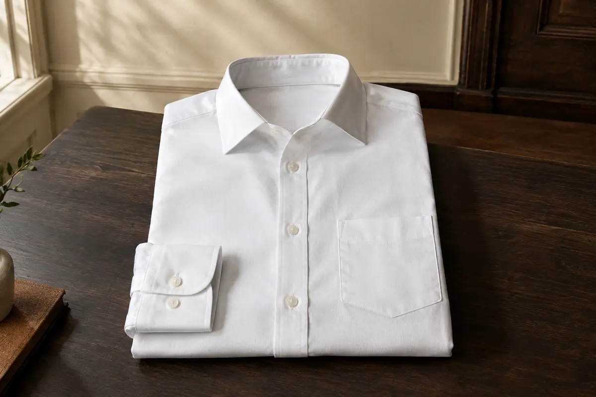 Chemise blanche pour homme présentée à plat, avec manches longues, poche poitrine et poignets ajustables.