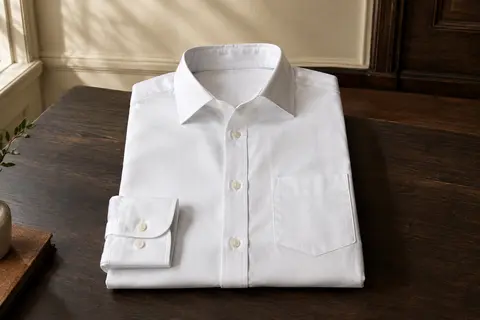 Chemise blanche pour homme présentée à plat, avec manches longues, poche poitrine et poignets ajustables.