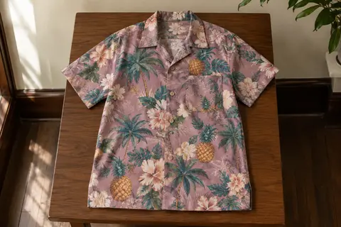 Chemise hawaïenne mauve rosé à fleurs, manches courtes, boutons, col classique et poche avant renforcée.
