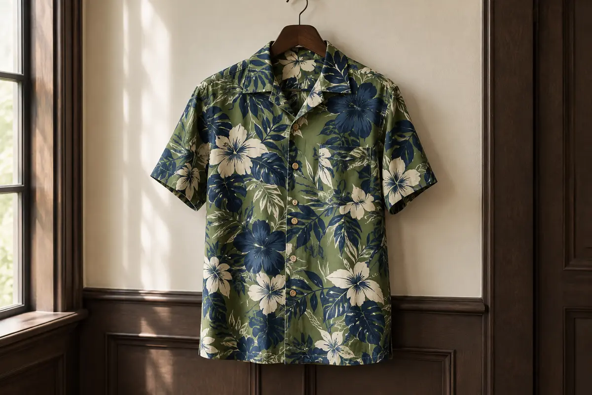 Chemise hawaïenne à imprimé floral vert et bleu marine, à manches courtes et poche, présentée sur cintre.