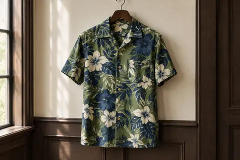 Chemise hawaïenne à imprimé floral vert et bleu marine, à manches courtes et poche, présentée sur cintre.