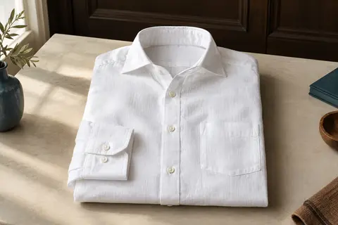 Chemise blanche pour homme en coton-lin, à manches longues, col classique et poche poitrine