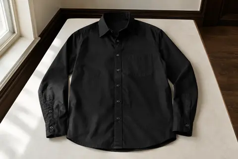 Chemise noire pour homme à manches longues, boutonnée et dotée d’une poche poitrine, présentée à plat.