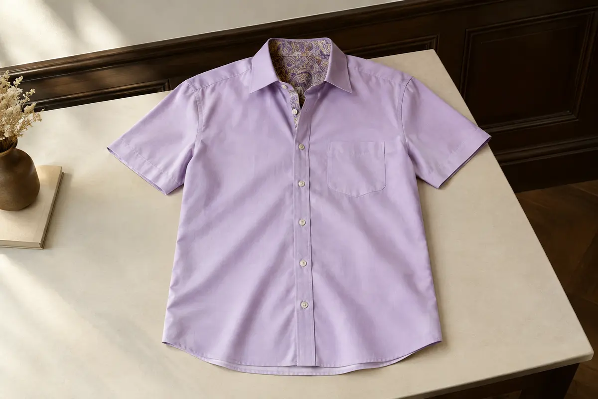 Chemise homme mauve clair à manches courtes, poche poitrine et détail cachemire à l’intérieur.