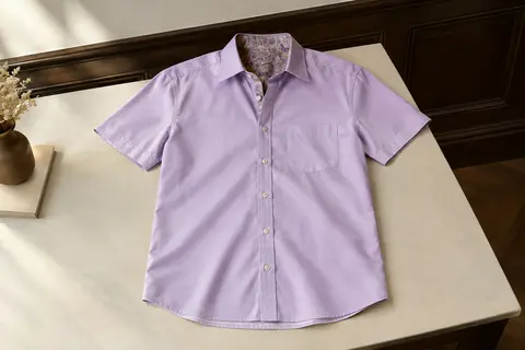 Chemise homme mauve clair à manches courtes, poche poitrine et détail cachemire à l’intérieur.