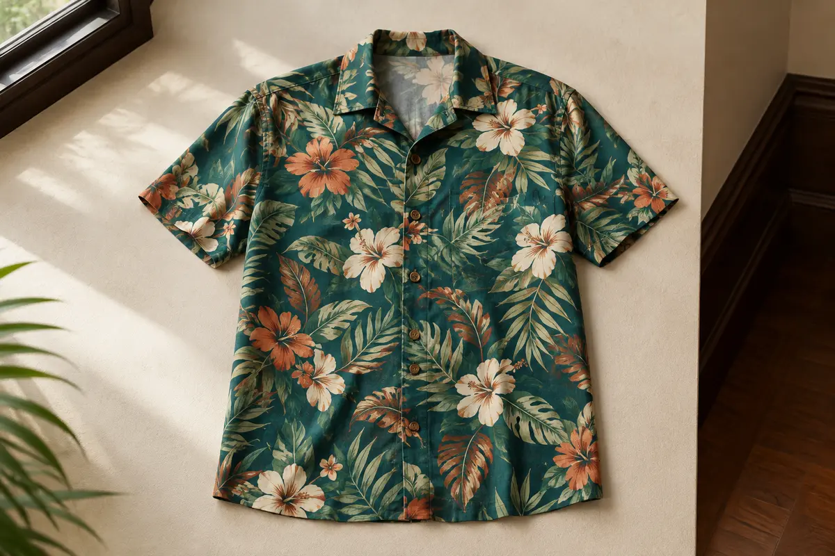 Chemise hawaïenne pour homme à manches courtes, imprimé vert de fleurs et de feuilles, présentée à plat.