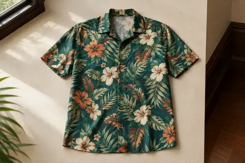 Chemise hawaïenne pour homme à manches courtes, imprimé vert de fleurs et de feuilles, présentée à plat.