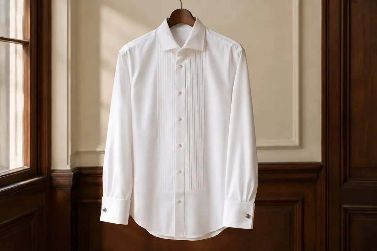 Chemise de smoking blanche à col à pointes d’aile et poignets français présentée sur cintre dans un intérieur sobre.