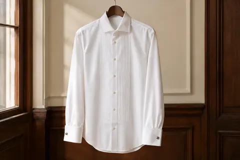 Chemise de smoking blanche à col à pointes d’aile et poignets français présentée sur cintre dans un intérieur sobre.