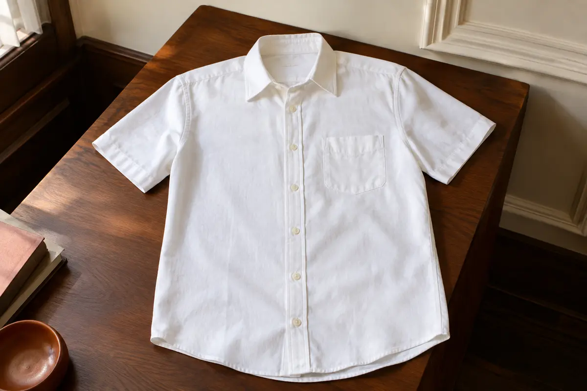 Chemise blanche pour homme à manches courtes, col rabattu, boutons sur le devant et poche de poitrine