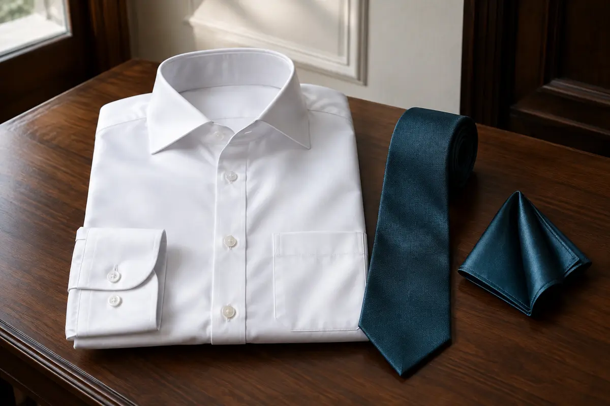 Chemise blanche à manches longues avec cravate et pochette assorties, présentées à plat dans un intérieur sobre.