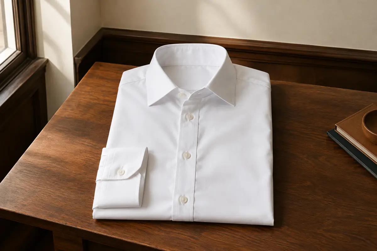 Chemise de ville blanche pour homme à manches longues, boutonnée et présentée à plat dans un intérieur sobre