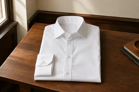 Chemise de ville blanche pour homme à manches longues, boutonnée et présentée à plat dans un intérieur sobre