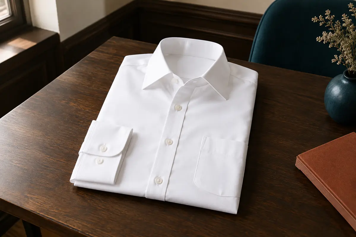 Chemise habillée blanche à manches longues, avec poche, présentée à plat sur un fond en bois foncé