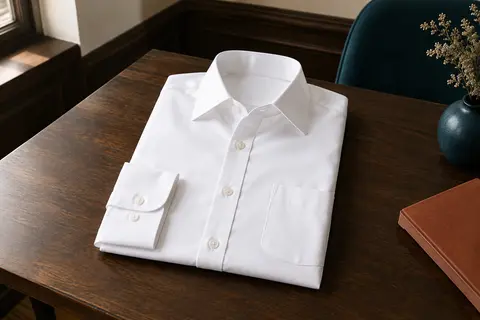 Chemise habillée blanche à manches longues, avec poche, présentée à plat sur un fond en bois foncé