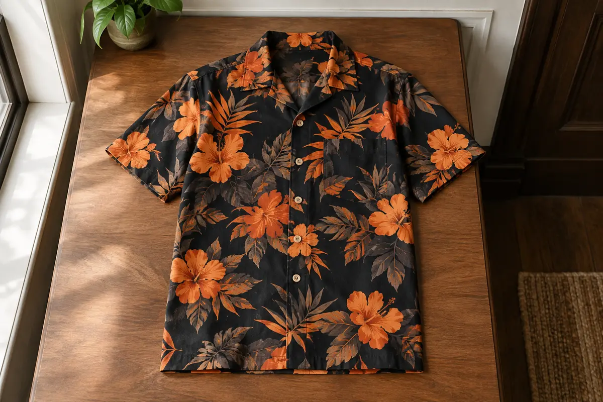 Chemise hawaïenne à fleurs noires et orange, présentée à plat avec ses manches courtes et sa poche avant.