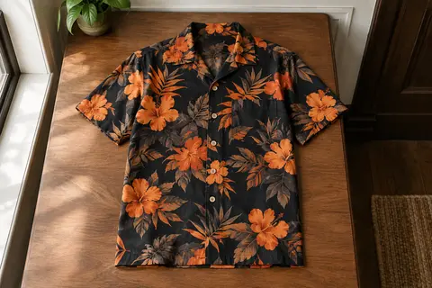 Chemise hawaïenne à fleurs noires et orange, présentée à plat avec ses manches courtes et sa poche avant.
