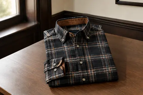 Chemise homme noire à carreaux et manches longues, présentée à plat avec ses détails intérieurs contrastés visibles.
