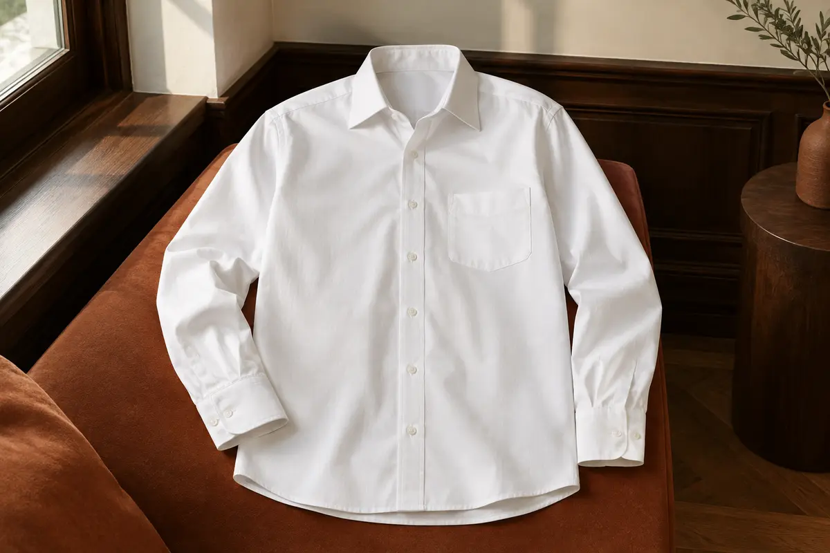 Chemise homme blanche à manches longues présentée à plat, avec col large, poche poitrine et poignets réglables visibles.