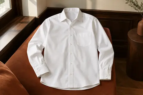 Chemise homme blanche à manches longues présentée à plat, avec col large, poche poitrine et poignets réglables visibles.