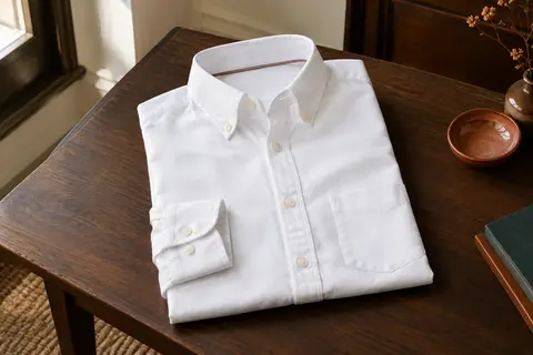 Chemise Oxford blanche à manches longues présentée à plat, avec col à boutons et poche poitrine.