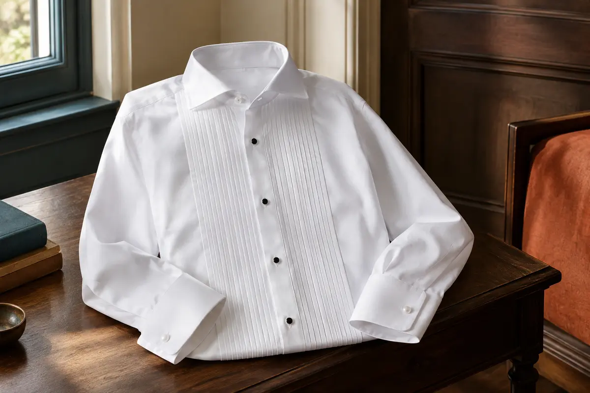 Chemise de smoking blanche à manches longues, avec plastron plissé et boutons blancs et noirs