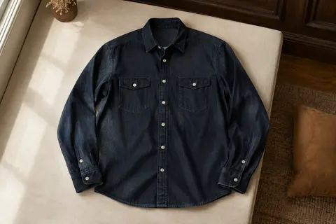 Chemise homme en denim sombre présentée à plat, avec col classique, boutons et poches de poitrine